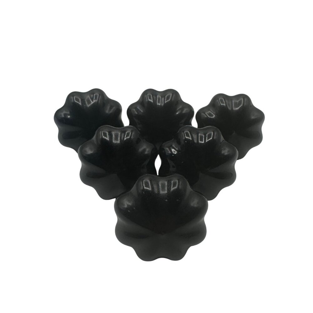 Set Of 6 Black Ceramic Flower Shaped Cabinet Knobs With Screws